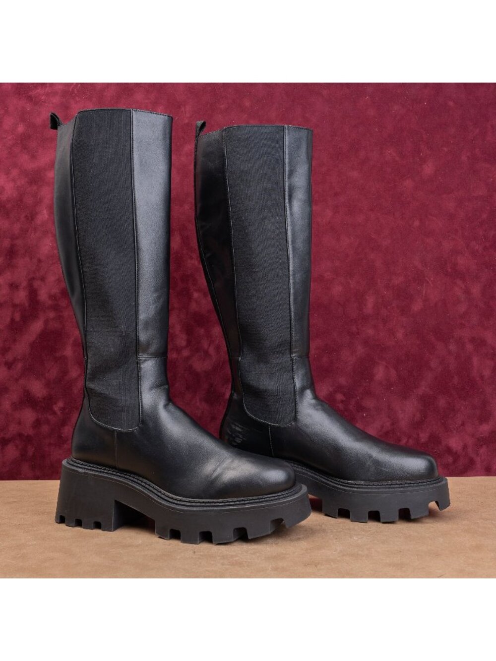 Zara Women Black Vegan Leather Platform Slip-on Festival Party Boots 9US EUR39